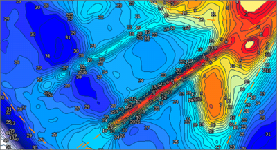 High-resolution C-MAP Genesis bathymetry chart with temperature-style shading