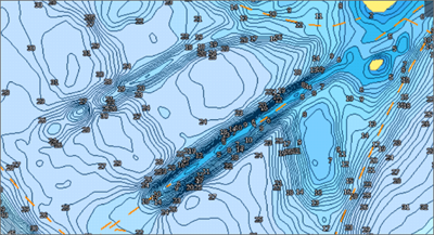 High-resolution C-MAP Genesis bathymetry chart with contours in shades of blue
