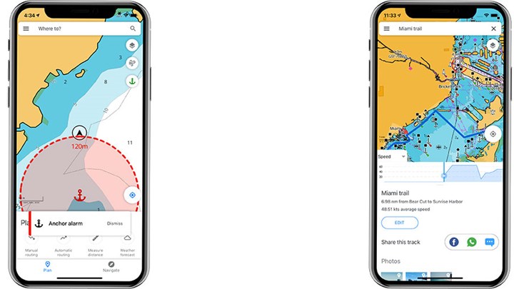 Mobile phone screens showing anchoring and track-sharing features added to the C-MAP app