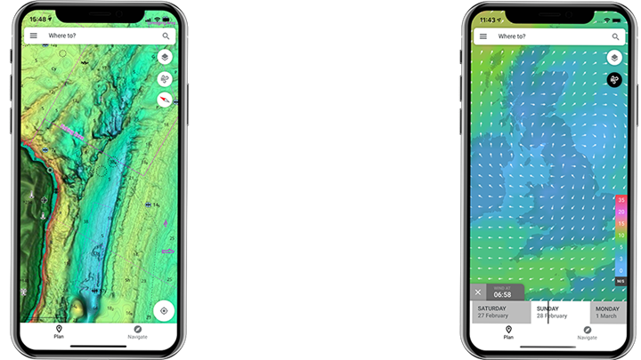 Mobile phone screens showing high-resolution bathymetry and wind direction included in the C-MAP appC-MAP